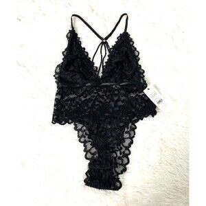 Oh La La Cheri Eyelash Lace Halter Black Bodysuit Teddy Lingerie Size L/XL